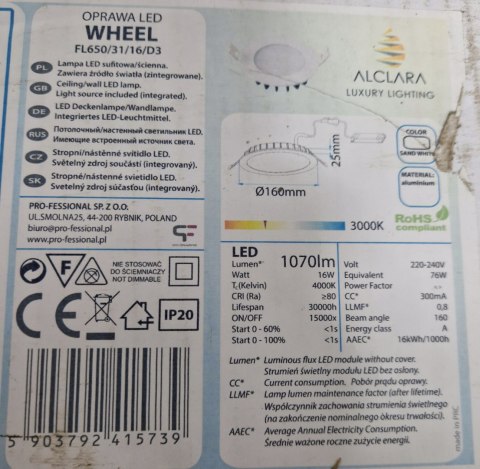 ALCLARA OPRAWA LED PODTYNKOWA okrągła 16cm 16W ALCLARA OPRAWA LED PODTYNKOWA okrągła 16cm 16W