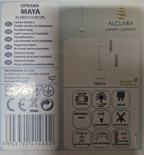 Lampa wisząca Maya Alclara chromowana kula 1xGU10 Lampa wisząca Maya Alclara chromowana kula 1xGU10
