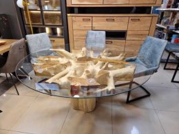 Stół 150 cm konar Teak, szyba hartowana