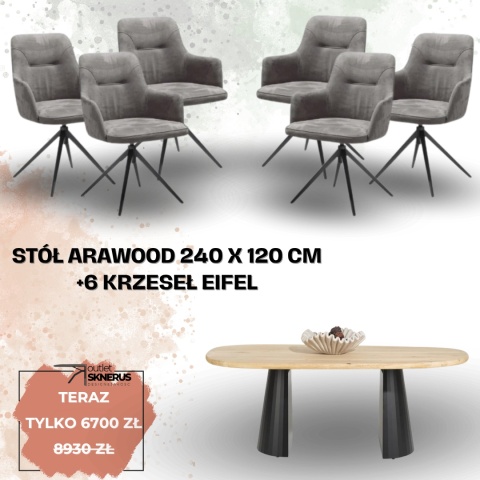 Zestaw stół ARAWOOD 240 x 120 cm + 6 krzeseł Eifel (wybór koloru) Zestaw stół ARAWOOD 240 x 120 cm + 6 krzeseł Eifel (wybór koloru)