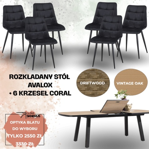 Zestaw stół rozkładany Avalox (rozmiar i optyka blatu do wyboru)+ 6 krzeseł Coral (wybór koloru) Zestaw stół rozkładany Avalox (rozmiar i optyka blatu do wyboru)+ 6 krzeseł Coral (wybór koloru)