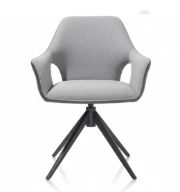 Designerski fotel obrotowy do jadalni INAYA XOOON, tapicerowany tkaniną bouclé Malmo i Pala, z czarną metalową podstawą