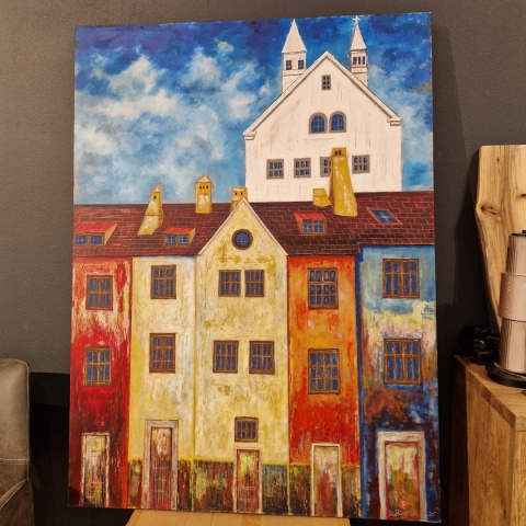 Obraz na sklejce "Złote Domy Północy" 103 x 140 cm – unikatowe, ręcznie malowane dzieło S. Biedroń Obraz na sklejce "Złote Domy Północy" 103 x 140 cm – unikatowe, ręcznie malowane dzieło S. Biedroń