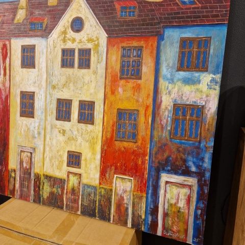 Obraz na sklejce "Złote Domy Północy" 103 x 140 cm – unikatowe, ręcznie malowane dzieło S. Biedroń Obraz na sklejce "Złote Domy Północy" 103 x 140 cm – unikatowe, ręcznie malowane dzieło S. Biedroń