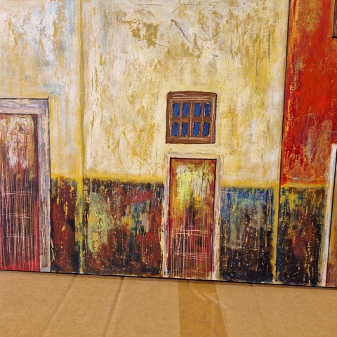 Obraz na sklejce "Złote Domy Północy" 103 x 140 cm – unikatowe, ręcznie malowane dzieło S. Biedroń Obraz na sklejce "Złote Domy Północy" 103 x 140 cm – unikatowe, ręcznie malowane dzieło S. Biedroń