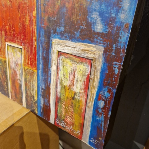 Obraz na sklejce "Złote Domy Północy" 103 x 140 cm – unikatowe, ręcznie malowane dzieło S. Biedroń Obraz na sklejce "Złote Domy Północy" 103 x 140 cm – unikatowe, ręcznie malowane dzieło S. Biedroń