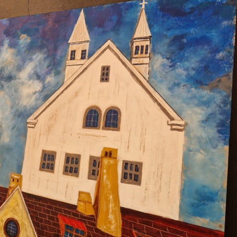 Obraz na sklejce "Złote Domy Północy" 103 x 140 cm – unikatowe, ręcznie malowane dzieło S. Biedroń Obraz na sklejce "Złote Domy Północy" 103 x 140 cm – unikatowe, ręcznie malowane dzieło S. Biedroń