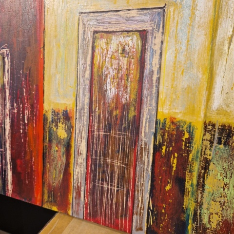 Obraz na sklejce "Złote Domy Północy" 103 x 140 cm – unikatowe, ręcznie malowane dzieło S. Biedroń Obraz na sklejce "Złote Domy Północy" 103 x 140 cm – unikatowe, ręcznie malowane dzieło S. Biedroń