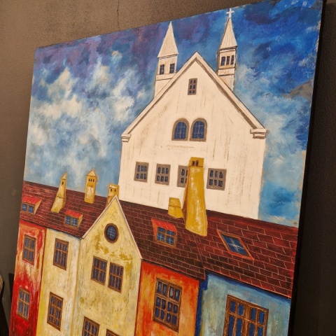Obraz na sklejce "Złote Domy Północy" 103 x 140 cm – unikatowe, ręcznie malowane dzieło S. Biedroń Obraz na sklejce "Złote Domy Północy" 103 x 140 cm – unikatowe, ręcznie malowane dzieło S. Biedroń