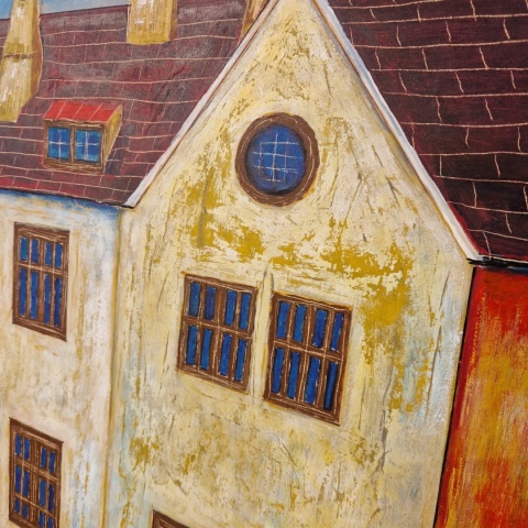 Obraz na sklejce "Złote Domy Północy" 103 x 140 cm – unikatowe, ręcznie malowane dzieło S. Biedroń Obraz na sklejce "Złote Domy Północy" 103 x 140 cm – unikatowe, ręcznie malowane dzieło S. Biedroń