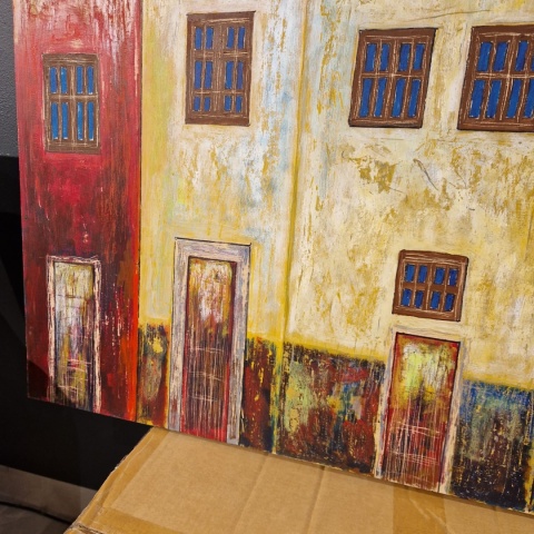Obraz na sklejce "Złote Domy Północy" 103 x 140 cm – unikatowe, ręcznie malowane dzieło S. Biedroń Obraz na sklejce "Złote Domy Północy" 103 x 140 cm – unikatowe, ręcznie malowane dzieło S. Biedroń