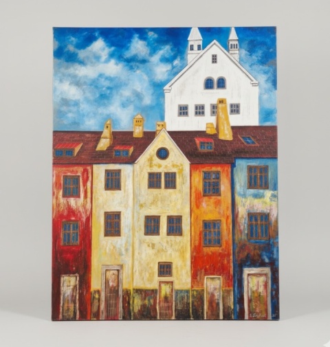 Obraz na sklejce "Złote Domy Północy" 103 x 140 cm – unikatowe, ręcznie malowane dzieło S. Biedroń Obraz na sklejce "Złote Domy Północy" 103 x 140 cm – unikatowe, ręcznie malowane dzieło S. Biedroń