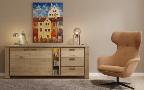 Obraz na sklejce "Złote Domy Północy" 103 x 140 cm – unikatowe, ręcznie malowane dzieło S. Biedroń Obraz na sklejce "Złote Domy Północy" 103 x 140 cm – unikatowe, ręcznie malowane dzieło S. Biedroń