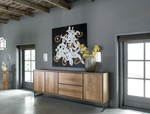 [K, defekt] Industrialna komoda TRAPANI 240 cm, fornir z mango 'smoked' na metalowej podstawie.