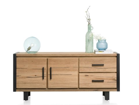 (K) Komoda BROOKLYN 180 cm, 2 drzwi, 2 szuflady, fornir dębowy Railway Brown, czarny metal