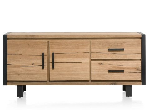 (K) Komoda BROOKLYN 180 cm, 2 drzwi, 2 szuflady, fornir dębowy Railway Brown, czarny metal