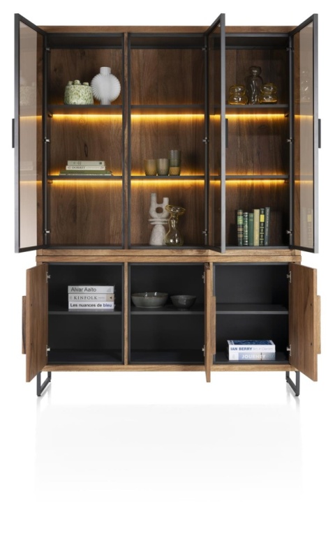 Witryna/Kredens EVEREST 150 cm, 3 szklane drzwi LED, 3 pełne drzwi soft-closing, fornir z dymionego drzewa mango Witryna/Kredens EVEREST 150 cm, 3 szklane drzwi LED, 3 pełne drzwi soft-closing, fornir z dymionego drzewa mango