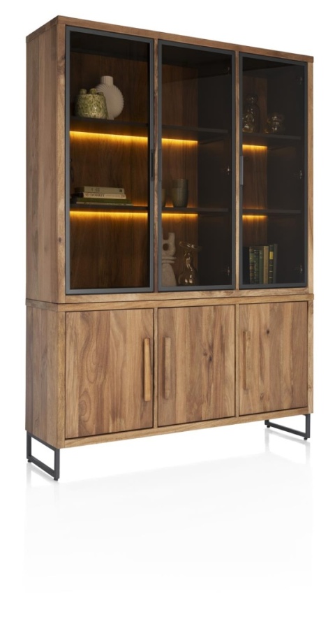 Witryna/Kredens EVEREST 150 cm, 3 szklane drzwi LED, 3 pełne drzwi soft-closing, fornir z dymionego drzewa mango Witryna/Kredens EVEREST 150 cm, 3 szklane drzwi LED, 3 pełne drzwi soft-closing, fornir z dymionego drzewa mango