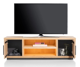 (defekt) Szafka RTV/Lowboard PAVIE 160 cm z eukaliptusa i forniru dębowego, naturalny kolor, LED, soft-closing