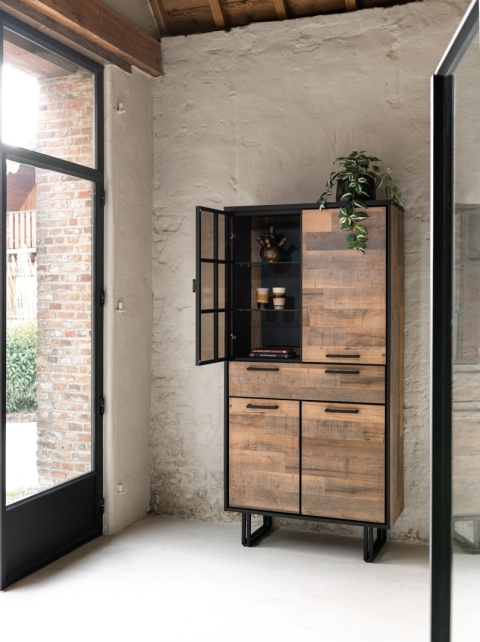 (M) Wysoka witryna Henders & Hazel Avalon 195 cm, 1 drzwi szklane, LED, soft-close, kolor Driftwood