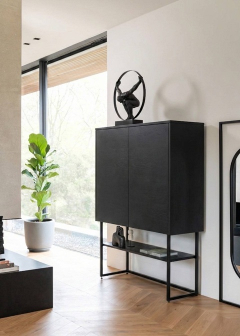 [M] Highboard / Komoda Wysoka CARVING 125 cm, 2-drzwiowa, Fornir Dębowy Castle Black z Reliefem – XOOON