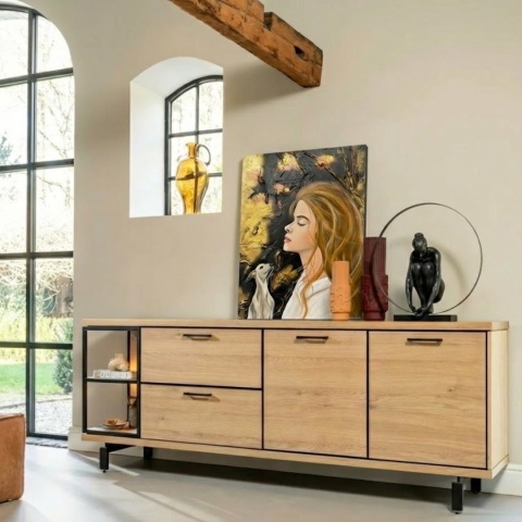 Nowoczesna komoda 230 cm Henders& Hazel Ridgefield Natural z oświetleniem LED, fornir dębowy i metal