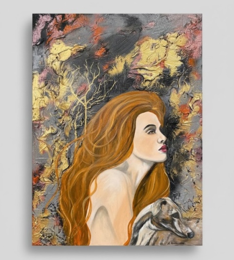 Obraz Ręcznie Malowany "Miedziana Aura" – Kobieta z Chartem 58x78 cm