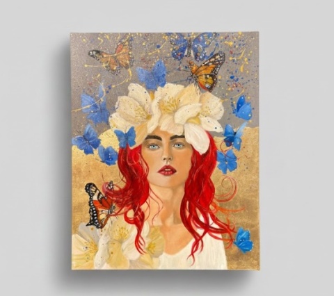 Obraz Ręcznie Malowany "Motyla Aura" – Kobieta w Kwiatach 58x78 cm