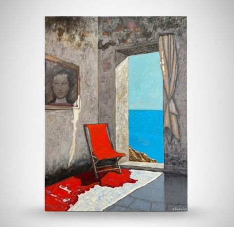 Obraz Ręcznie Malowany "Nadmorska Cisza" – Wnętrze z Czerwonym Krzesłem 103,5x140 cm