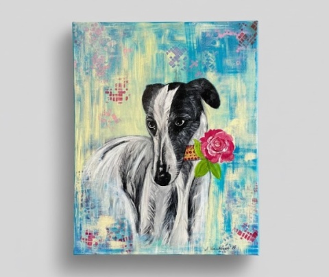 Obraz Ręcznie Malowany "Romantyczny Chart" – Pies z Różą 40x50 cm