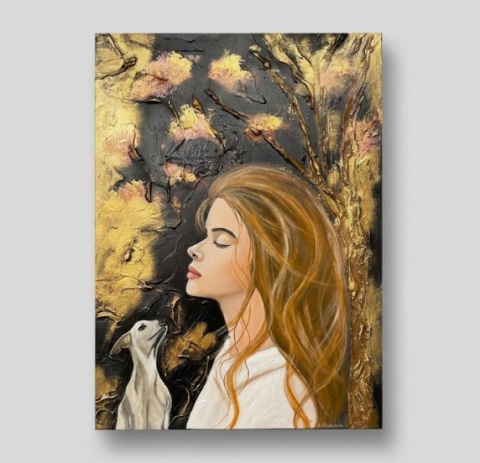 Obraz Ręcznie Malowany "Złota Więź" – Kobieta z Psem 55x75 cm