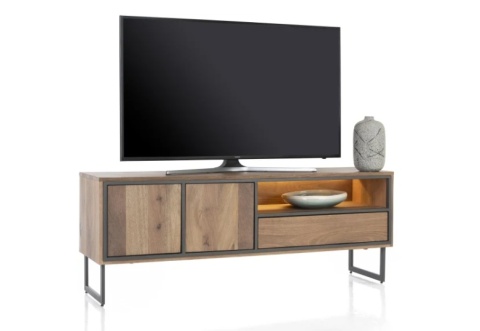 (M) Nowoczesna szafka RTV Trapani Henders & Hazel 160 cm, fornir mango smoked, z oświetleniem LED