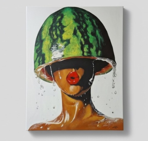 Obraz Akrylowy na Płótnie "Arbuzowe Orzeźwienie" – Kobieta w Arbuzie 80x100 cm