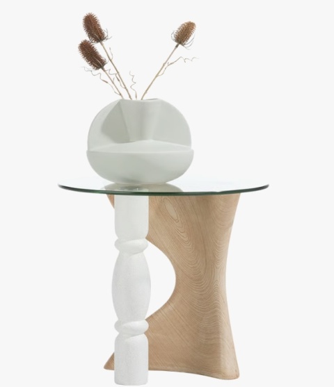 Stolik Boczny/Pomocniczy ANNA Coco Maison, Szklany Blat, Podstawa Rzeźbiarska Polyresin, Kolor Biały/Naturalny