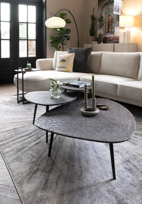 Stolik Kawowy DORVAL, Kształt Organiczny 105x82 cm, Blat Antique Silver, Nogi Czarne – Henders & Hazel