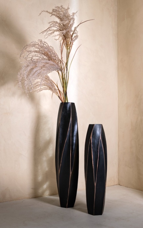 [na zamówienie] Wazon MERLE 52 cm, Prostokątny, Struktura Linearna, Polyresin Czarny – Coco Maison (50029-ZWA)