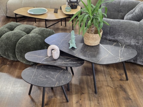 Zestaw trzech stolików kawowych Palazio – Blat Primo Laminato o wyglądzie marmuru Onyx