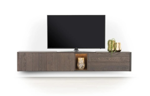 [na zamówienie] Nowoczesna szafka RTV TRENTON 240 cm, fornir dębowy w kolorze clay, na metalowych nogach lub cokole, z LED