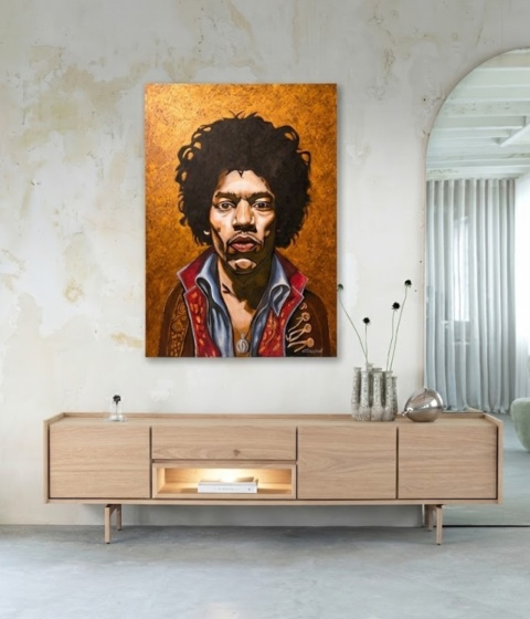Obraz Ręcznie Malowany na Desce "Voodoo Child" – Jimi Hendrix 103 x 140 cm