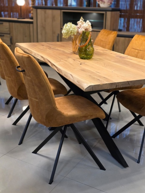 Stół do Jadalni OAKLAND 190x90 cm, Blat Lity Dąb (Live Edge), Noga Metalowa Pająk