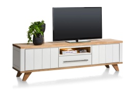 Szafka RTV / Lowboard JARDIN, 210 cm, Dąb Fornir Railway Brown + Biały MDF, Oświetlenie LED