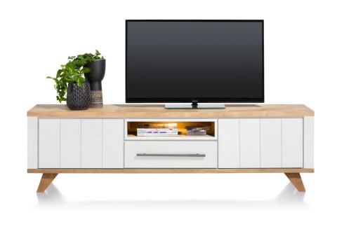 Szafka RTV / Lowboard JARDIN, 210 cm, Dąb Fornir Railway Brown + Biały MDF, Oświetlenie LED