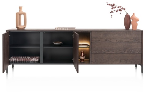 [na zamówienie] Duża Komoda / Kredens TRENTON 240 cm, Fornir Dębowy Kolor Clay, Lamele, 2 Drzwi, 3 Szuflady, Wnęki LED