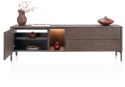 [na zamówienie] Szafka RTV / Lowboard TRENTON 180 cm, Fornir Dębowy Kolor Clay, Lamele, LED, 3w1 (Nogi/Cokół/Wisząca) – XOOON