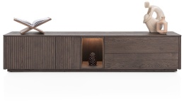 [na zamówienie] Szafka RTV / Lowboard TRENTON 210 cm, Fornir Dębowy Kolor Clay, Lamele, Opcja Cokołu lub Nóżek – XOOON