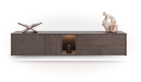 [na zamówienie] Szafka RTV / Lowboard TRENTON 210 cm, Fornir Dębowy Kolor Clay, Lamele, Opcja Cokołu lub Nóżek – XOOON