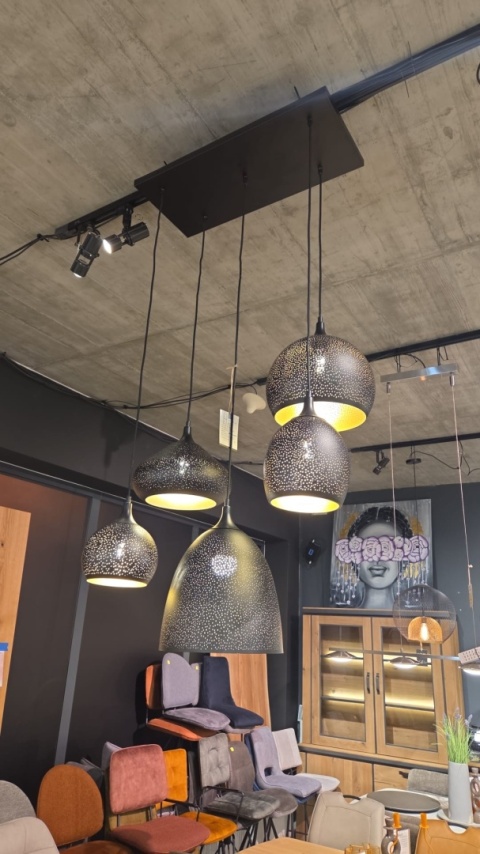 [K] Lampa Wisząca Arjen 5-Light – Czarno-Złoty Industrial, Regulowana Wysokość
