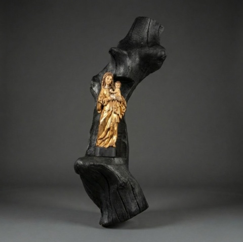 Monumentalna Rzeźba Ścienna Madonna – 100 cm | Czarne Drewno i Złoto