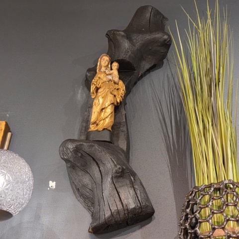 Monumentalna Rzeźba Ścienna Madonna – 100 cm | Czarne Drewno i Złoto