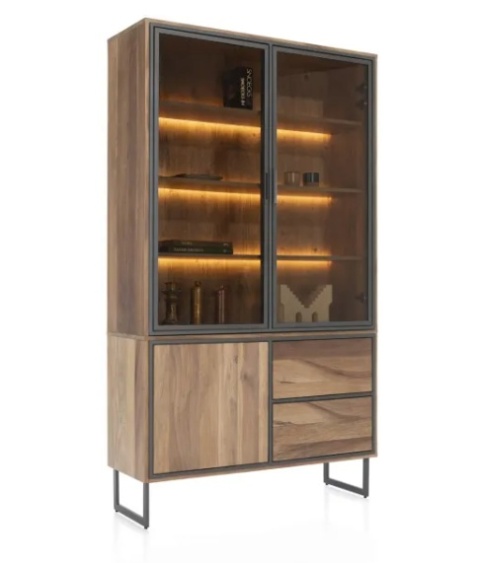 [M] Wysoka witryna industrialna TRAPANI 120x210 cm, fornir mango 'smoked', z oświetleniem LED.